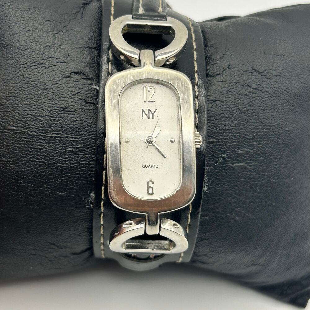 NY Collection Silver Black Leather Band Quartz Watch Working New Battery